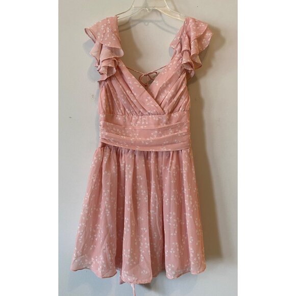 NWT Pink Ruffled Floral Mini Dress Ties in Back V-Neck Medium - Picture 1 of 11